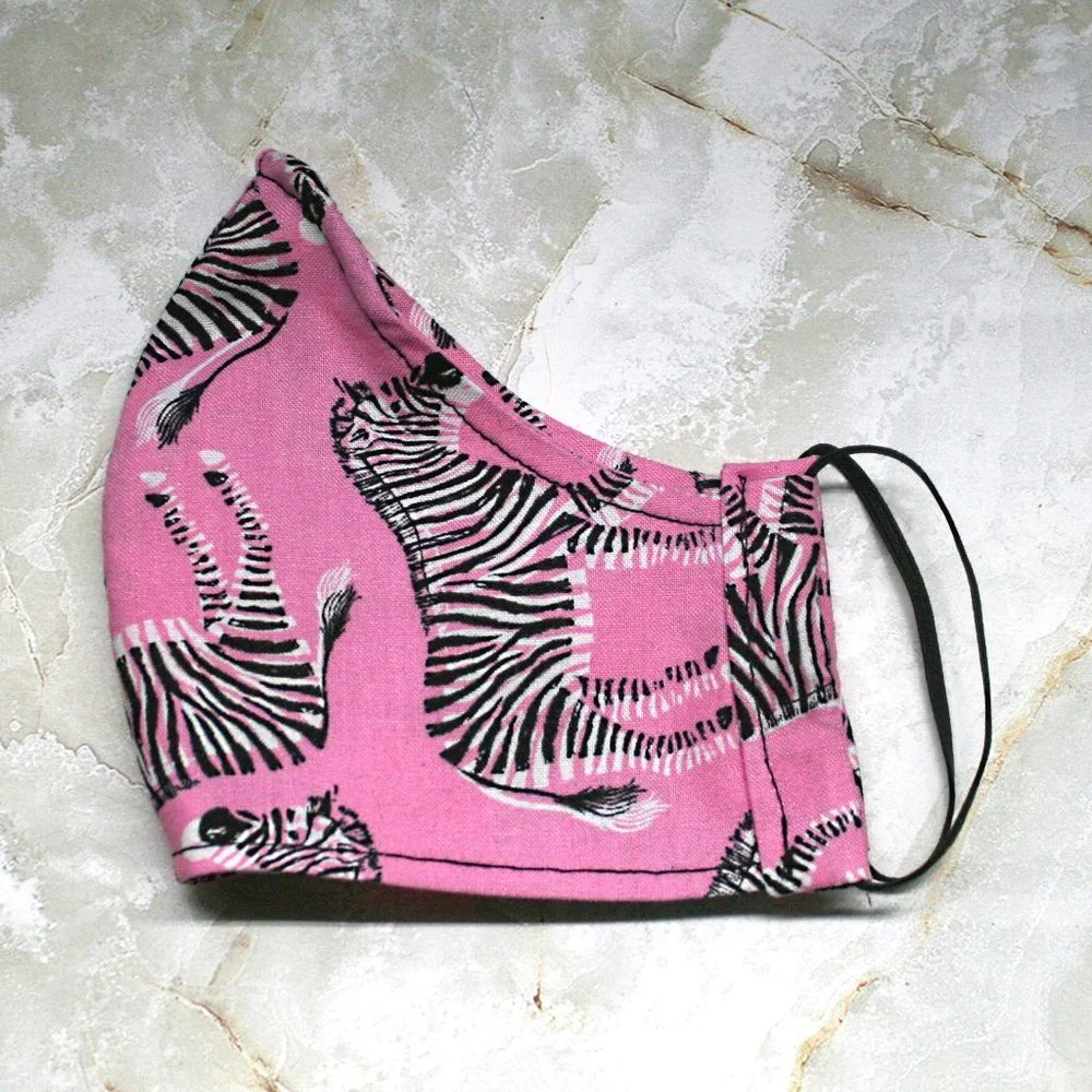 HAND CRAFTED Face Mask Pink Zebra Adult Cloth Fabric Print - Shield Style